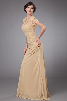 Chiffon Round Neckline A-line Dress with Beaded and Cap-Sleeves