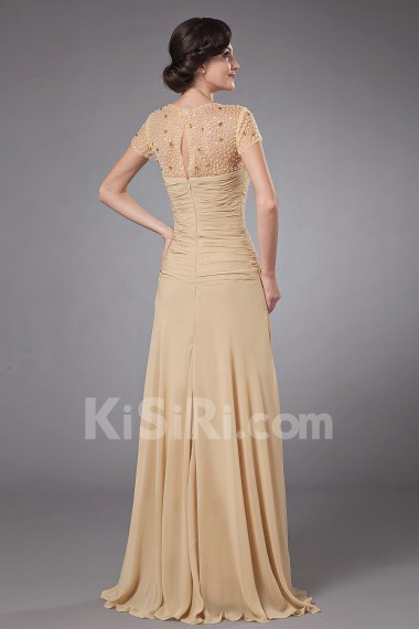 Chiffon Round Neckline A-line Dress with Beaded and Cap-Sleeves