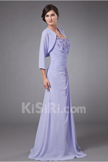 Chiffon One-Shoulder Empire Dress with Row Flower Beaded and Jacket