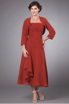 Chiffon Strapless Tea-Length Column Dress with Embroidery and Ruffle