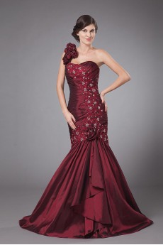 Taffeta One-Shoulder Floor Length Sheath Dress with Embroidery and Ruffle