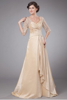 Taffeta Queen Anne Neckline A-line Dress with Embroidery and Ruffle