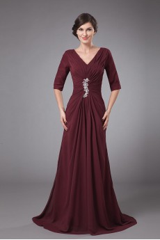 Chiffon V-Neckline A-line Dress with Pleated and Ruffle