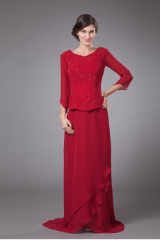 Chiffon Round Neckline Column Dress with Beaded Pleated and Long Sleeves