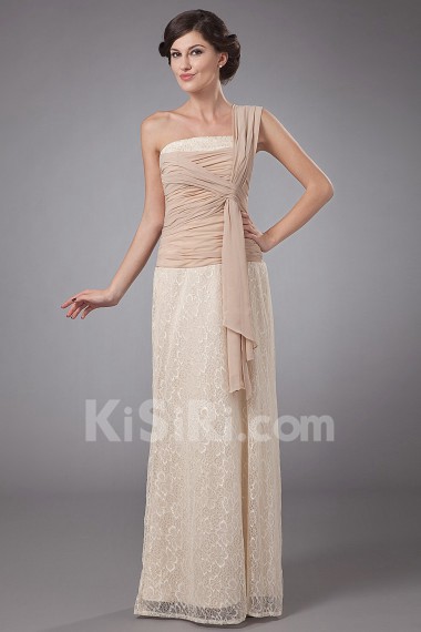 Lace One-Shoulder Floor Length Column Dress with Sash