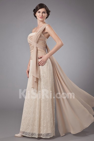 Lace One-Shoulder Floor Length Column Dress with Sash