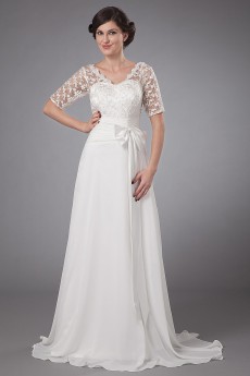 Chiffon V-Neckline A-line Dress with Embroidery and Short Sleeves