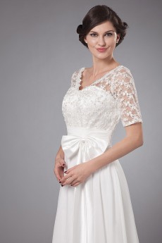 Chiffon V-Neckline A-line Dress with Embroidery and Short Sleeves