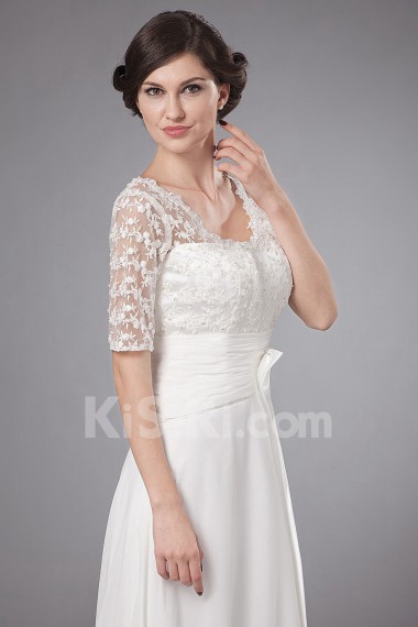 Chiffon V-Neckline A-line Dress with Embroidery and Short Sleeves