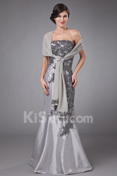 Satin Strapless Floor Length Sheath Dress with Embroidery