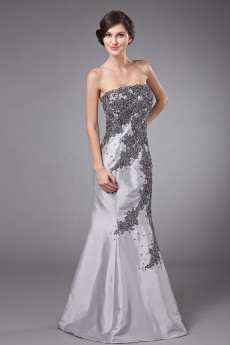 Satin Strapless Floor Length Sheath Dress with Embroidery