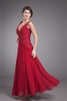 Chiffon V-Neckline Ankle-length A-line Dress with Embroidery
