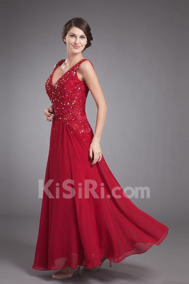 Chiffon V-Neckline Ankle-length A-line Dress with Embroidery
