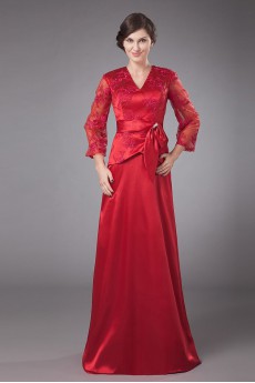 Satin and Lace V-Neckline Floor Length A-line Dress with Bowtie