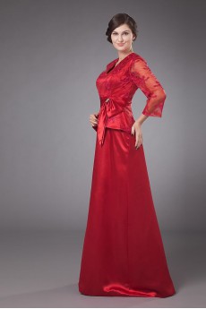 Satin and Lace V-Neckline Floor Length A-line Dress with Bowtie