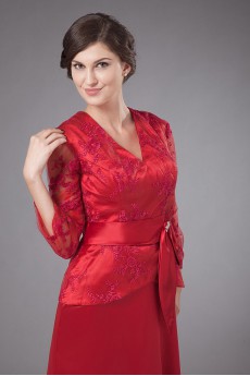 Satin and Lace V-Neckline Floor Length A-line Dress with Bowtie