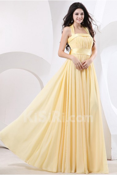 Chiffon Halter Neckline Floor Length Empire Dress with Ruffle