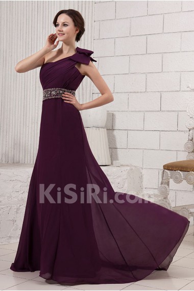 Chiffon One-Shoulder A-line Dress with Bowknot