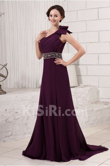 Chiffon One-Shoulder A-line Dress with Bowknot