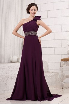 Chiffon One-Shoulder A-line Dress with Bowknot