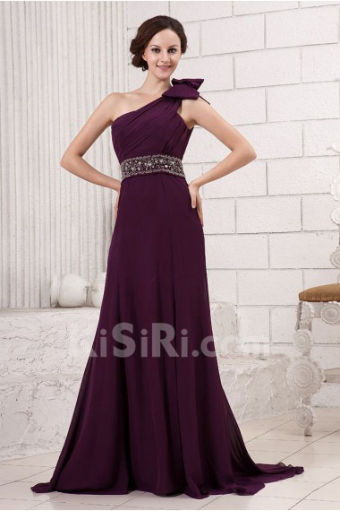 Chiffon One-Shoulder A-line Dress with Bowknot