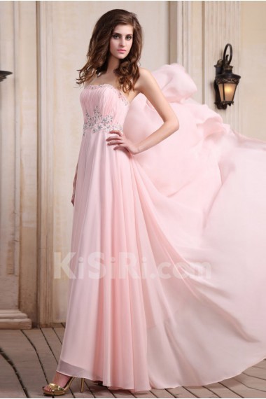 Chiffon Scoop Neckline Floor Length Column Dress with Beaded and Ruffle