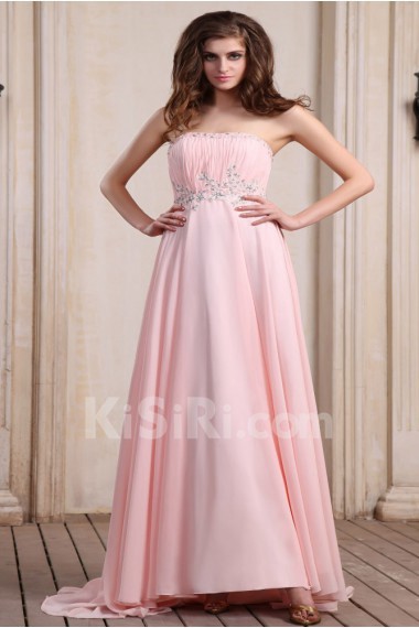 Chiffon Scoop Neckline Floor Length Column Dress with Beaded and Ruffle
