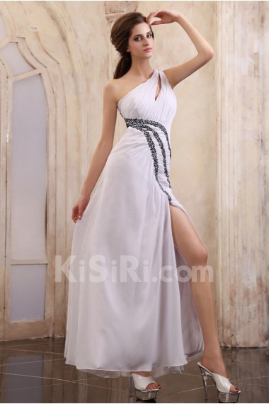Chiffon One-Shoulder Ankle-Length A-line Dress with Beaded and Ruffle