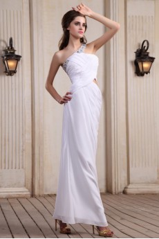 Chiffon One-Shoulder Ankle-Length Column Dress with Beaded and Ruffle