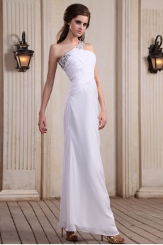 Chiffon One-Shoulder Ankle-Length Column Dress with Beaded and Ruffle
