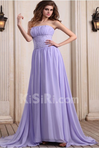 Chiffon Strapless A-line Dress with Beaded and Ruffle