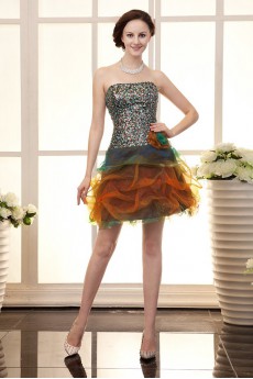 Organza Strapless Short Dress with Handmade Flower and Beaded