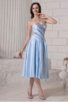 Satin Strapless Tea-Length A-Line Dress with Ruffle