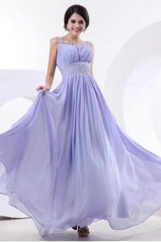 Chiffon and Satin Bateau Neckline Floor Length A-Line Dress with Beaded