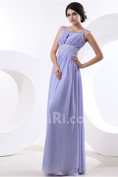 Chiffon and Satin Bateau Neckline Floor Length A-Line Dress with Beaded