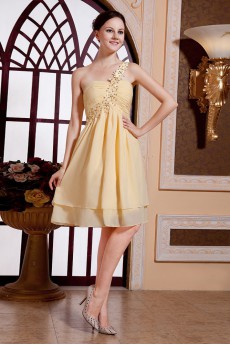 Chiffon One-Shoulder Short Empire Dress with Beaded and Ruffle