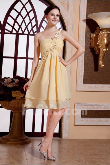Chiffon One-Shoulder Short Empire Dress with Beaded and Ruffle