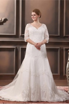 Lace Embroidered V-Neck Beading Plus Size Gown