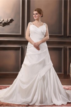 Satin Beading V-Neck Plus Size Gown