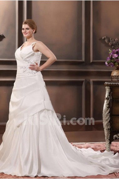Satin Beading V-Neck Plus Size Gown