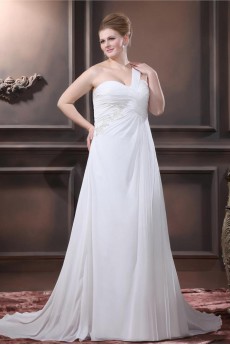 One Shoulder Chiffon Embroidered Plus Size Gown