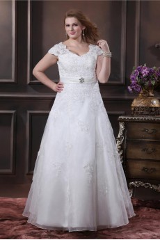 Yarn Embroidered Beading V-Neck Floor Length Plus Size Gown