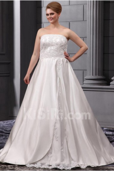 Lace Embroiderd Strapless Satin A-Line Plus Size Gown
