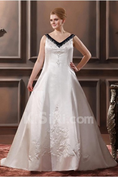 Embroiderd Satin Sleeveless V-Neck A-Line Plus Size Gown