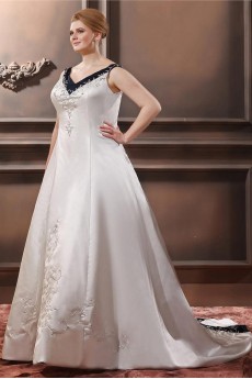 Embroiderd Satin Sleeveless V-Neck A-Line Plus Size Gown