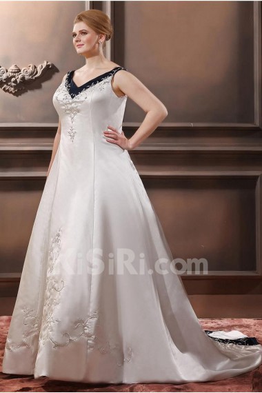 Embroiderd Satin Sleeveless V-Neck A-Line Plus Size Gown