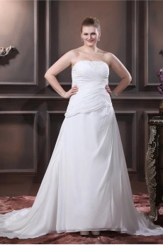 Chiffon Satin Strapless Beading A-Line Plus Size Gown