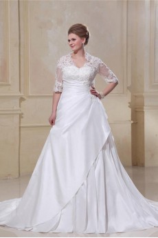 Taffeta Lace Beading V-Neck Plus Size Gown