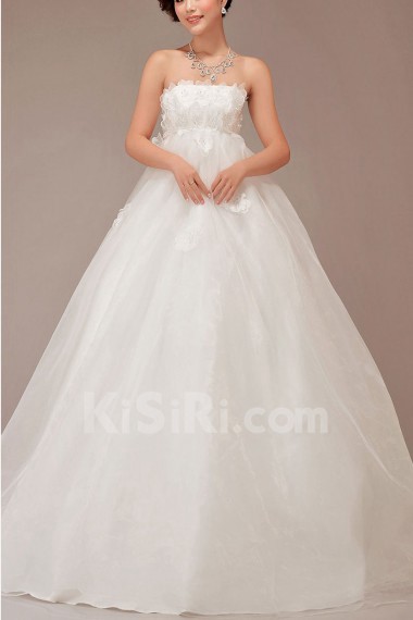 Organza Strapless Floor Length Ball Gown with Flowers