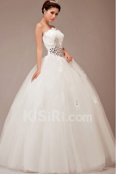 Satin and Net Strapless Floor Length Ball Gown with Feather